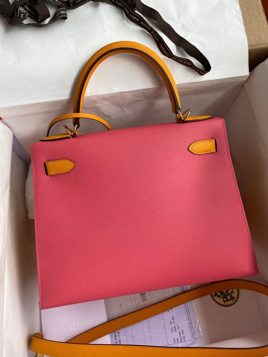 Hermes Kelly Sellier 28 Bicolor Bag in Rose Lipstick and Yellow Epsom Calfskin - Image 3