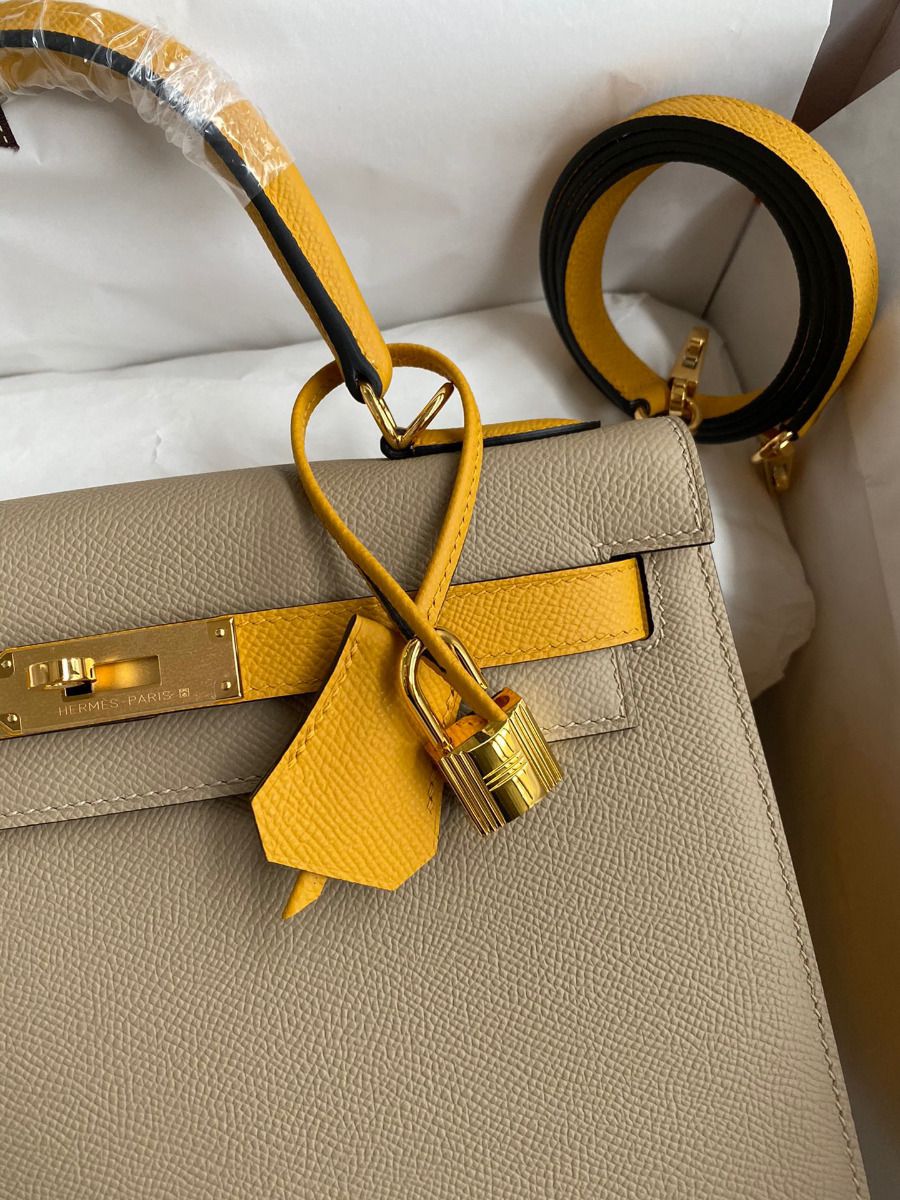Hermes Kelly Sellier 28 Bicolor Bag in Trench and Yellow Epsom Calfskin - Image 4