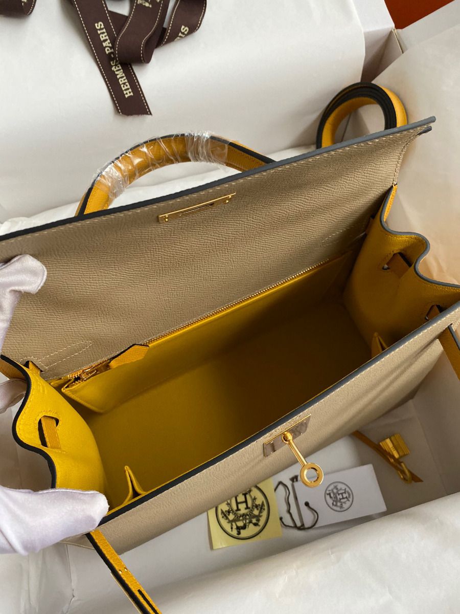 Hermes Kelly Sellier 28 Bicolor Bag in Trench and Yellow Epsom Calfskin - Image 9
