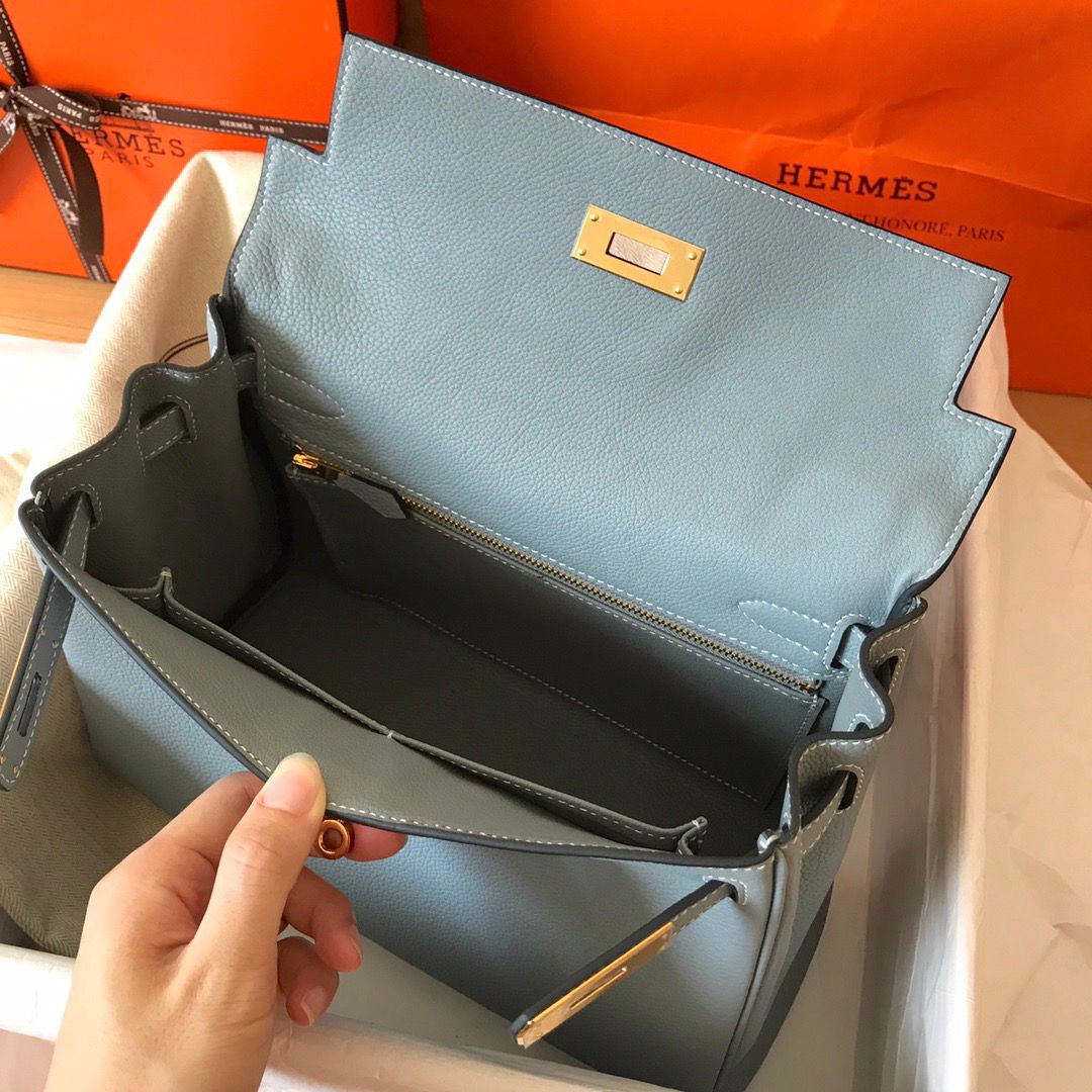 Hermes Kelly Retourne 28 Handmade Bag In Blue Lin Clemence Leather - Image 8