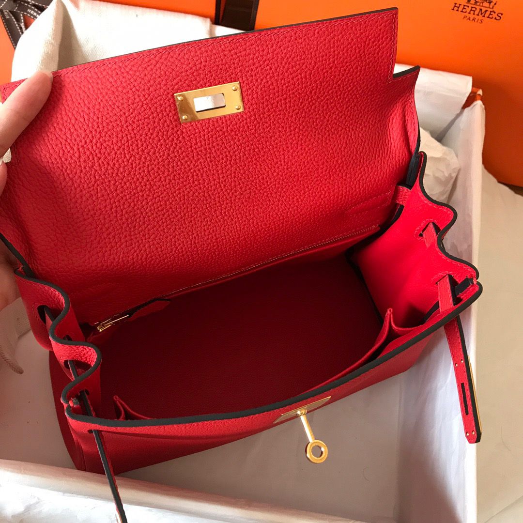 Hermes Kelly Retourne 28 Handmade Bag In Red Clemence Leather - Image 9