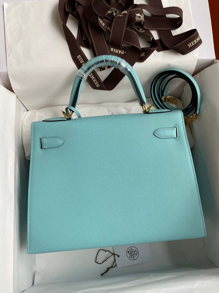 Hermes Kelly Sellier 28 Handmade Bag In Blue Atoll Epsom Calfskin - Image 3