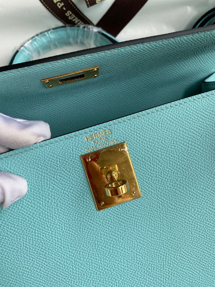 Hermes Kelly Sellier 28 Handmade Bag In Blue Atoll Epsom Calfskin - Image 8
