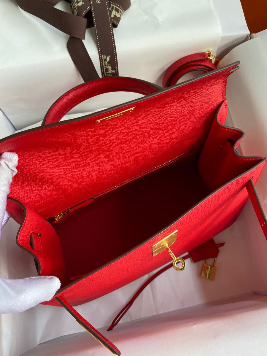 Hermes Kelly Sellier 28 Handmade Bag In Red Epsom Calfskin - Image 9