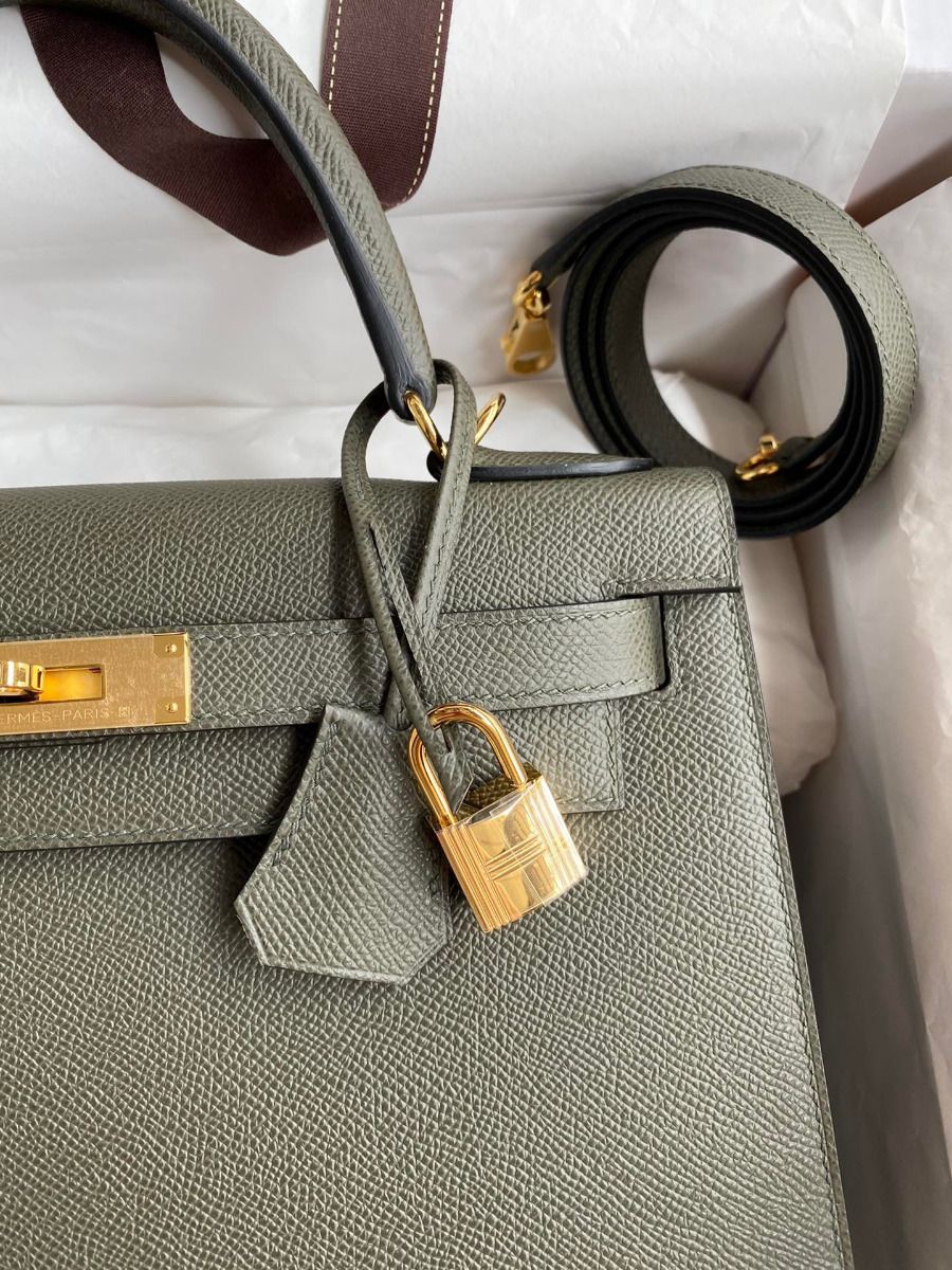 Hermes Kelly Sellier 28 Handmade Bag In Vert De Gris Epsom Calfskin - Image 4