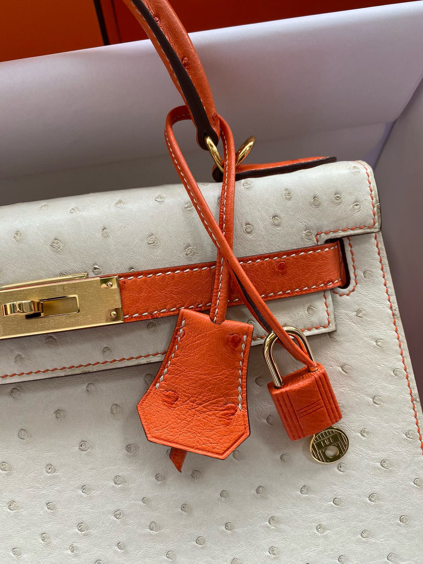 Hermes HSS Kelly 28 Bicolor Bag in Parchemin and Orange Ostrich Leather - Image 4