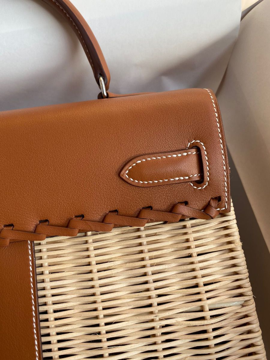 Hermes Picnic Kelly 28cm Bag in Wicker with Barenia Leather - Image 5