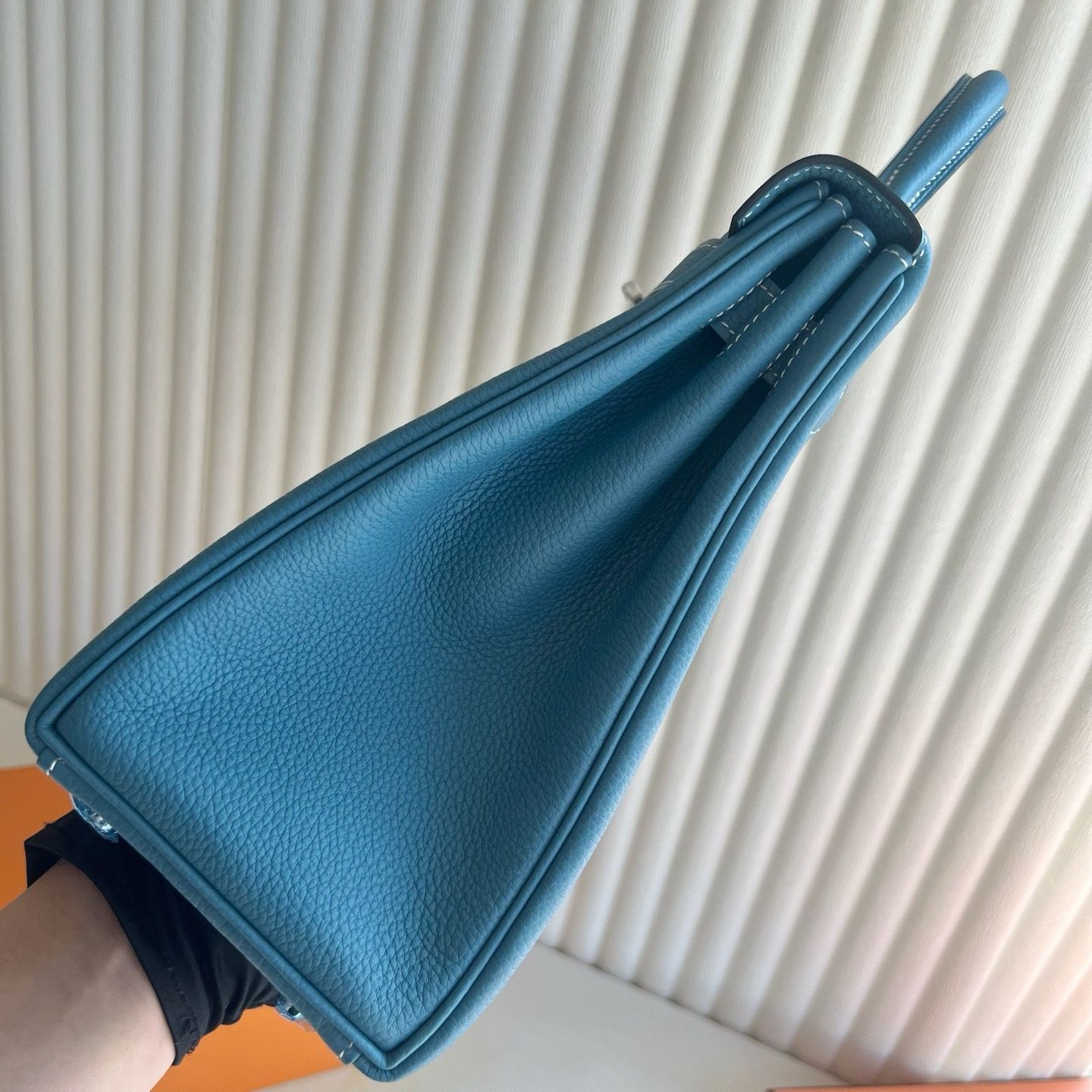 Hermes Kelly Retourne 32 Handmade Bag in Blue Jean Clemence Leather