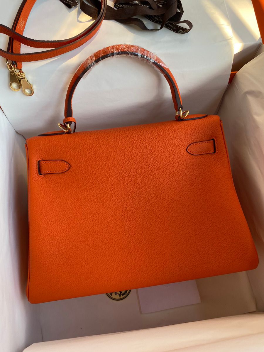 Hermes Kelly Retourne 32 Handmade Bag In Orange Clemence Leather - Image 3