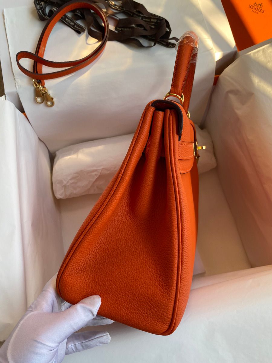 Hermes Kelly Retourne 32 Handmade Bag In Orange Clemence Leather - Image 6