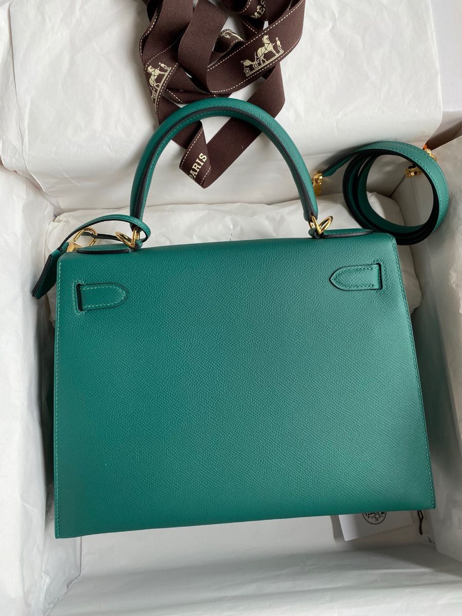 Hermes Kelly Sellier 32 Handmade Bag in Malachite Epsom Calfskin - Image 3