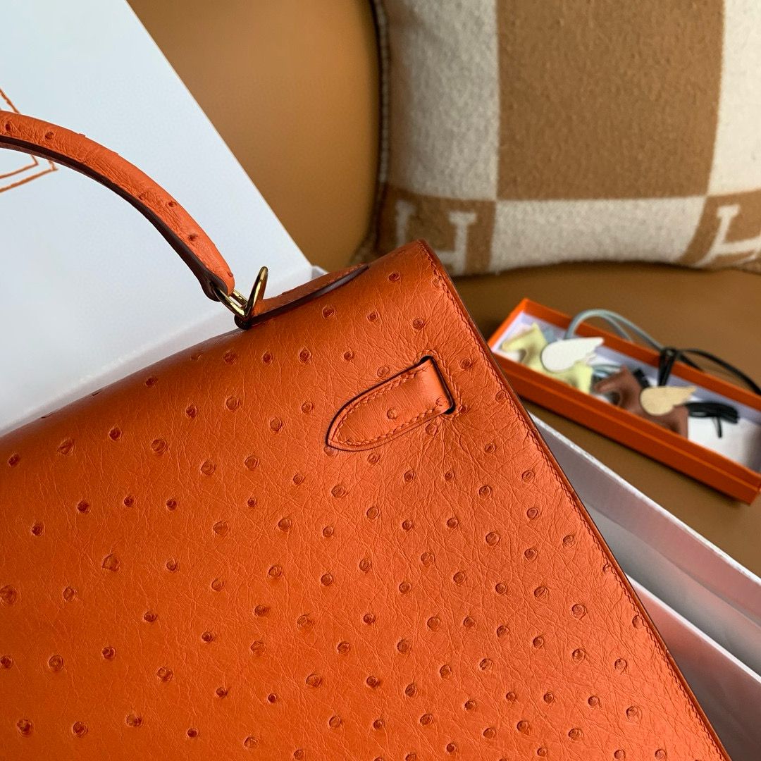 Hermes Kelly Sellier 32 Handmade Bag in Orange Ostrich Leather - Image 8