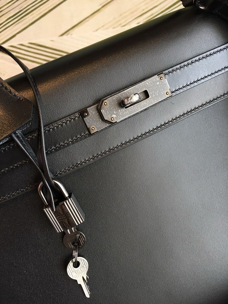 Hermes Kelly Sellier 35 Handmade Bag In Black Box Calfskin - Image 9