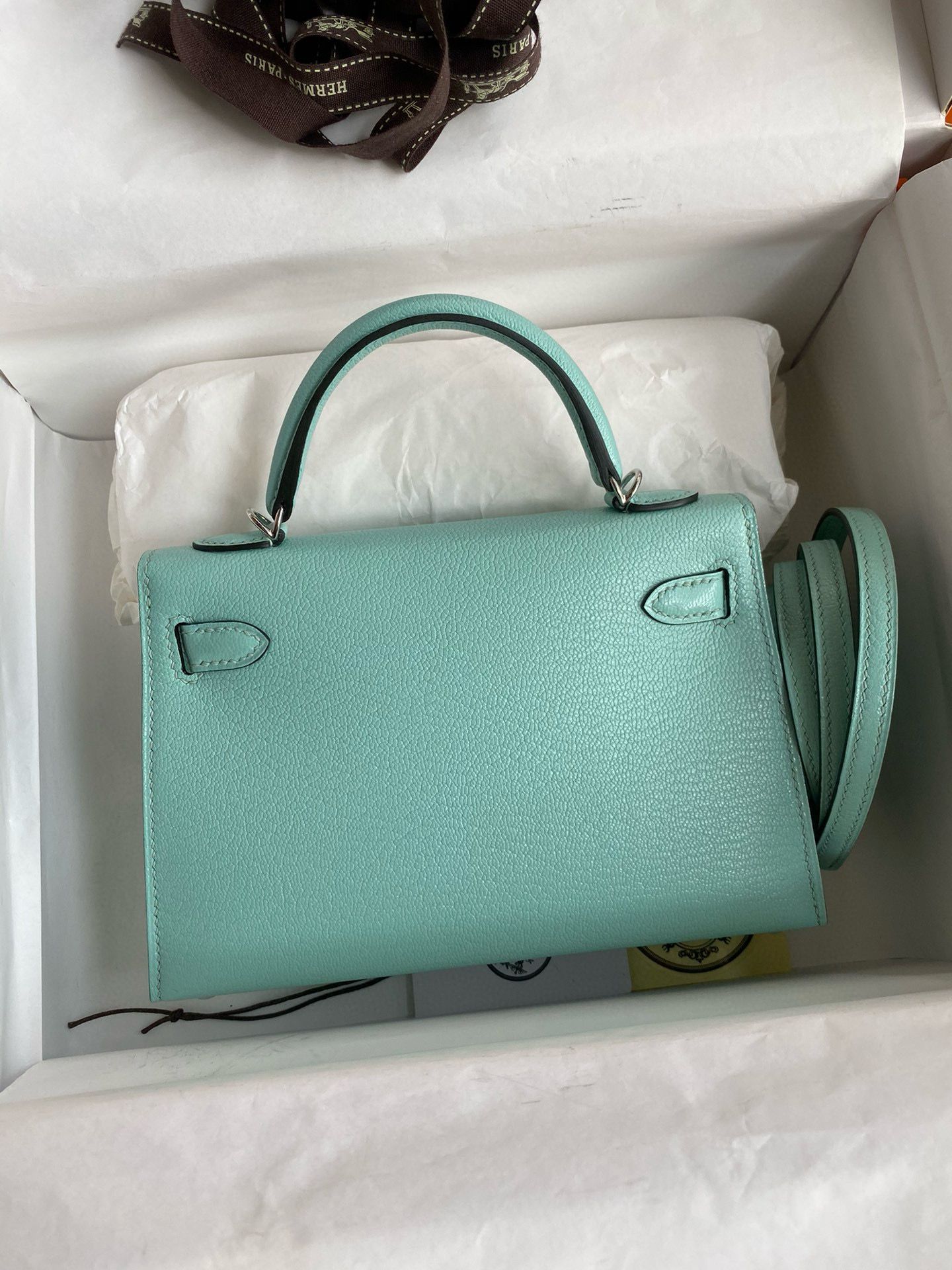 Hermes Kelly Mini II Verso Sellier Handmade Bag in Aqua Chevre Mysore Goatskin - Image 3