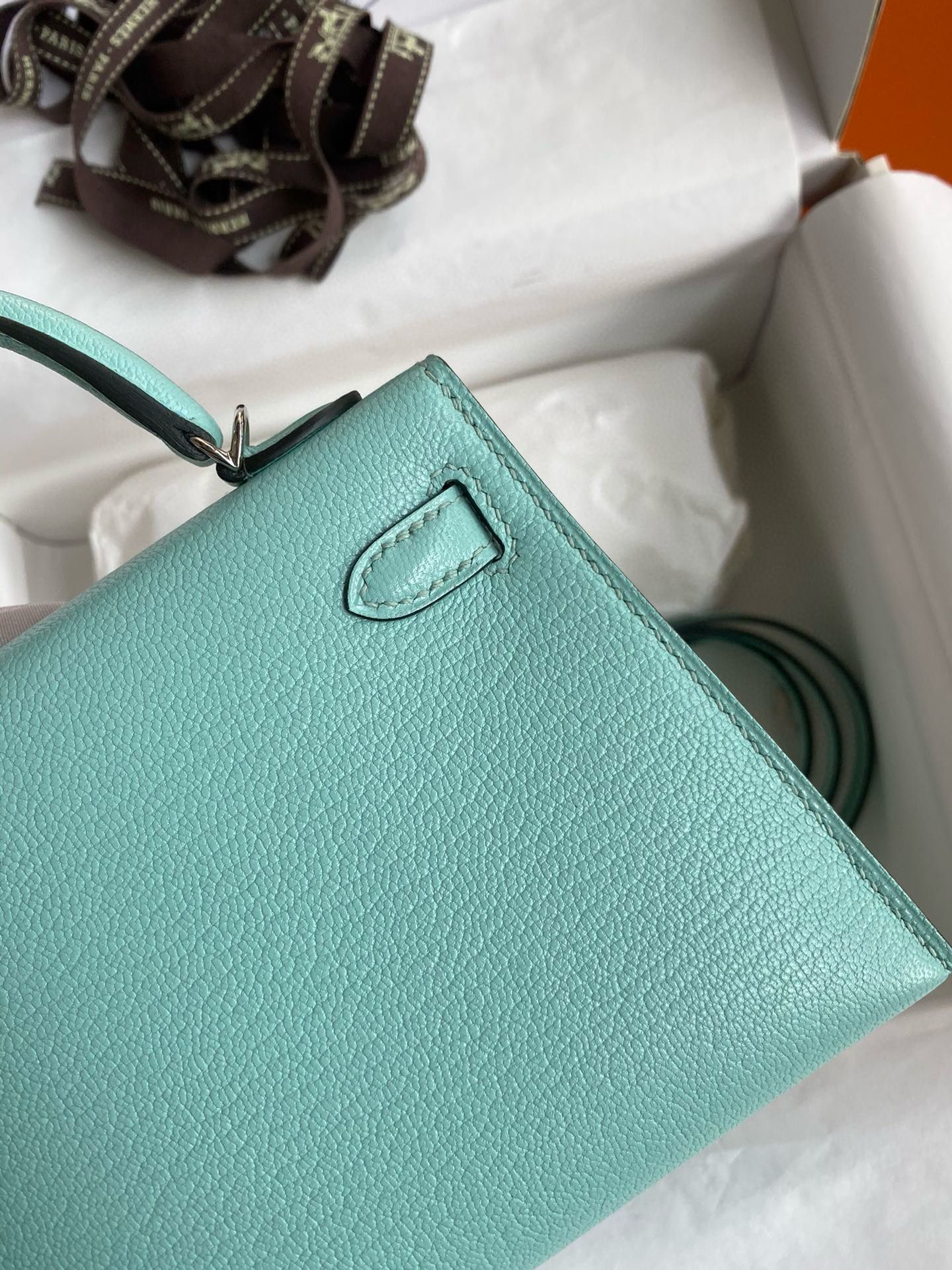 Hermes Kelly Mini II Verso Sellier Handmade Bag in Aqua Chevre Mysore Goatskin - Image 6