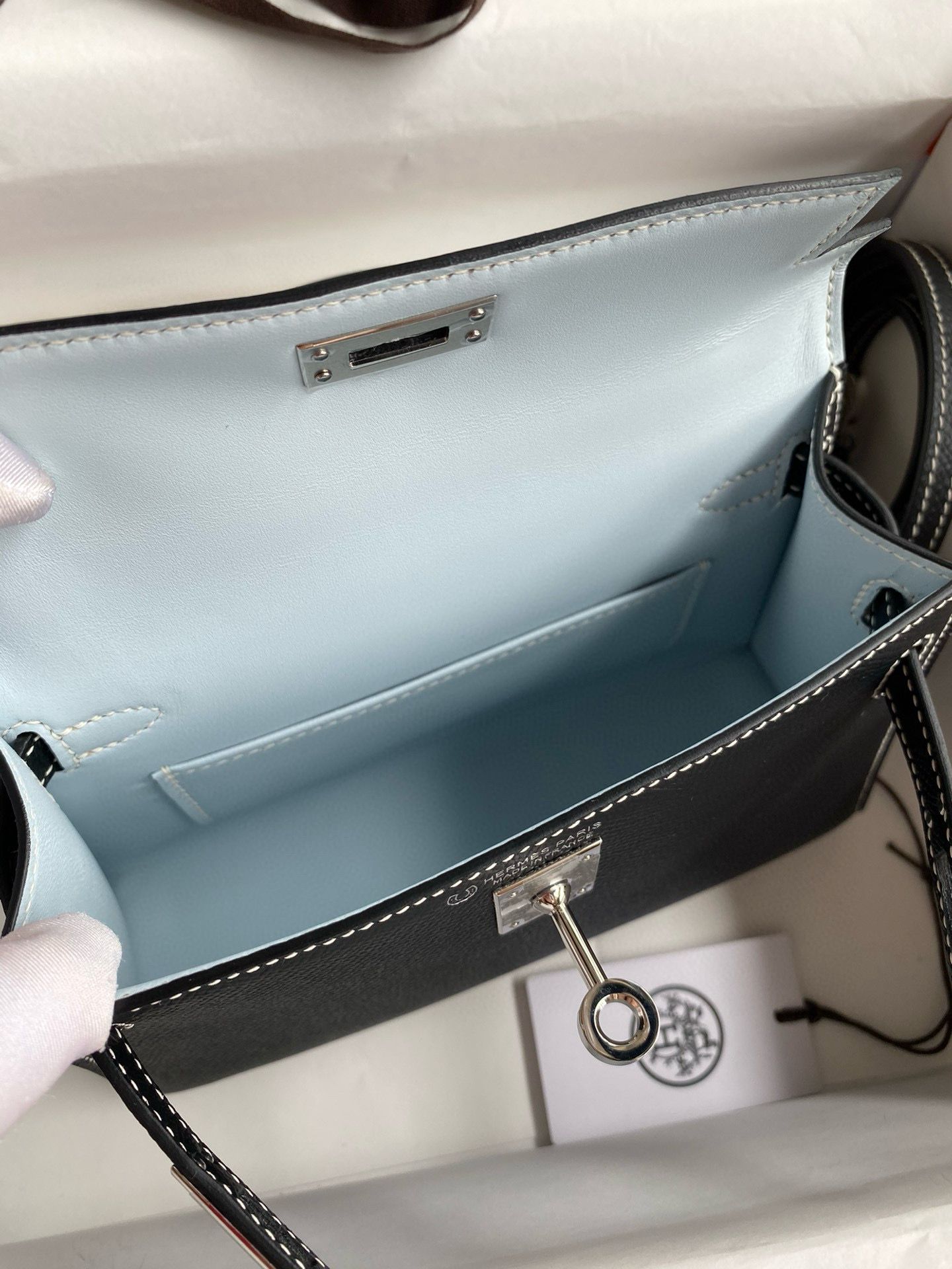 Hermes Kelly Mini II Sellier Verso Handmade Bag in Black and Blue Brume Epsom Calfskin - Image 10