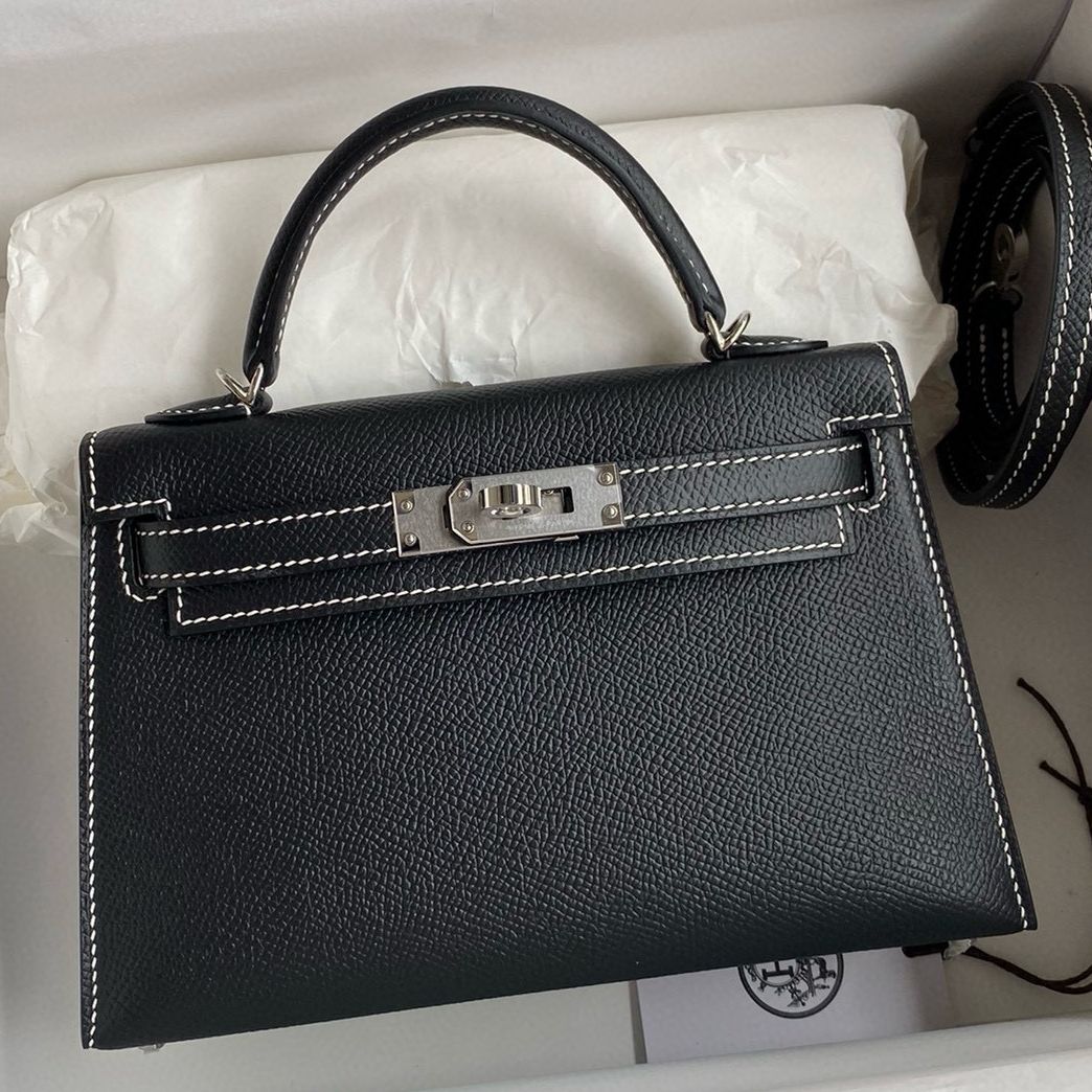 Hermes Kelly Mini II Sellier Verso Handmade Bag in Black and Blue Brume Epsom Calfskin