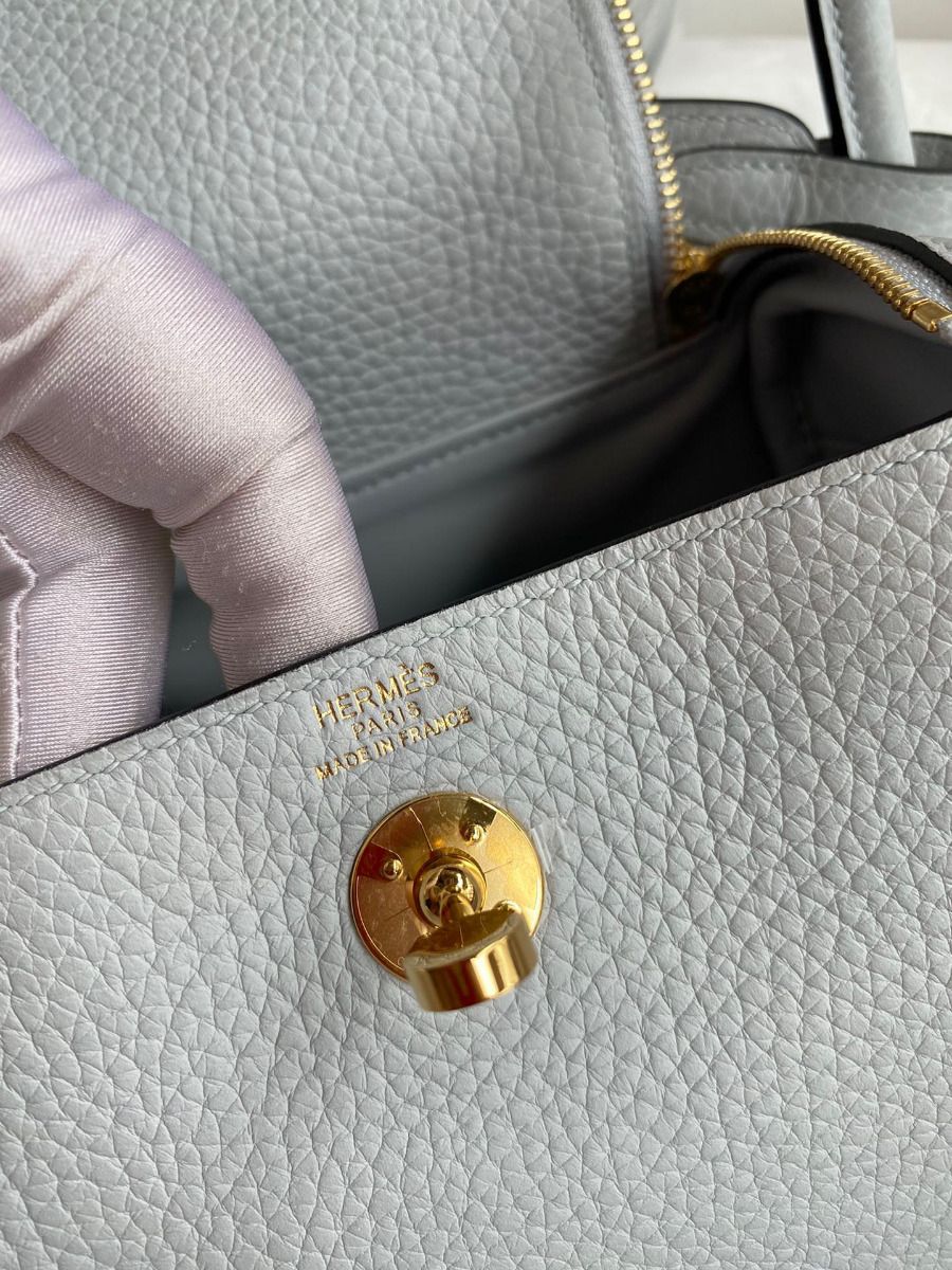 Hermes Mini Lindy Handmade Bag In Blue Brume Clemence Leather - Image 9