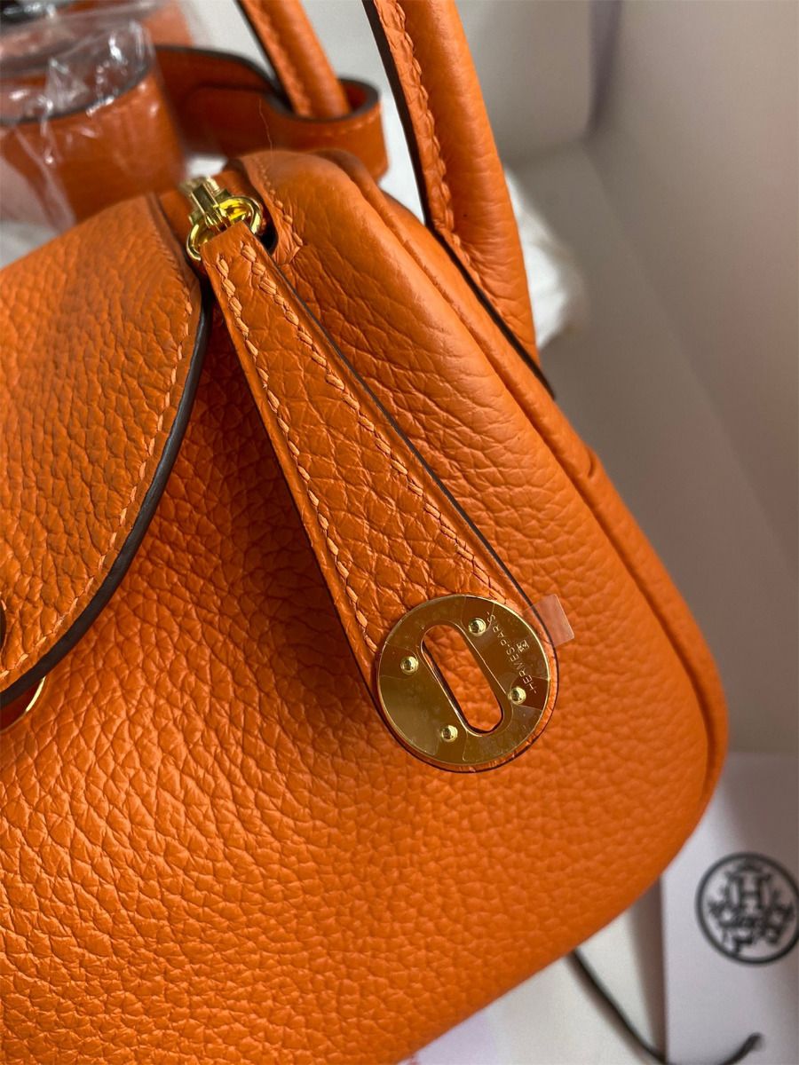 Hermes Mini Lindy Handmade Bag In Orange Clemence Leather - Image 5