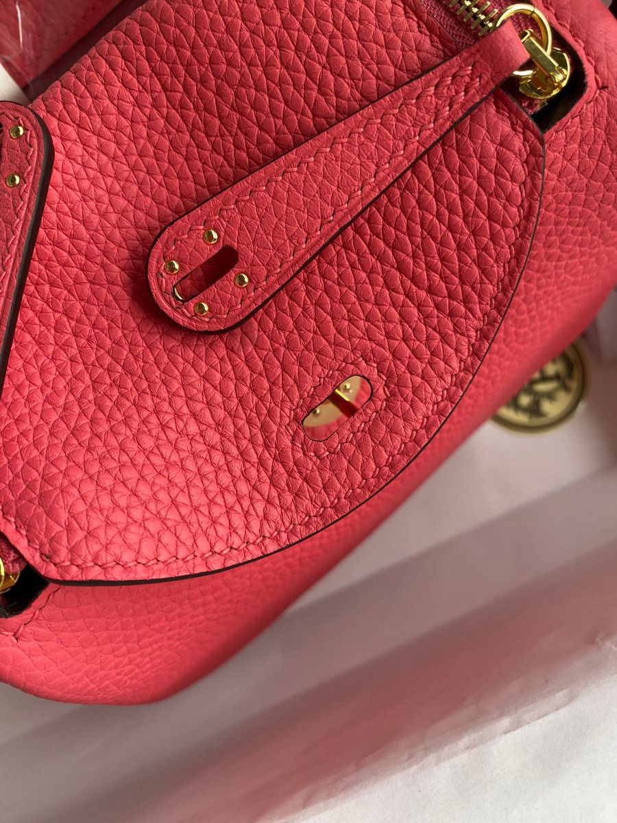 Hermes Mini Lindy Handmade Bag In Rose Lipstick Clemence Leather - Image 6