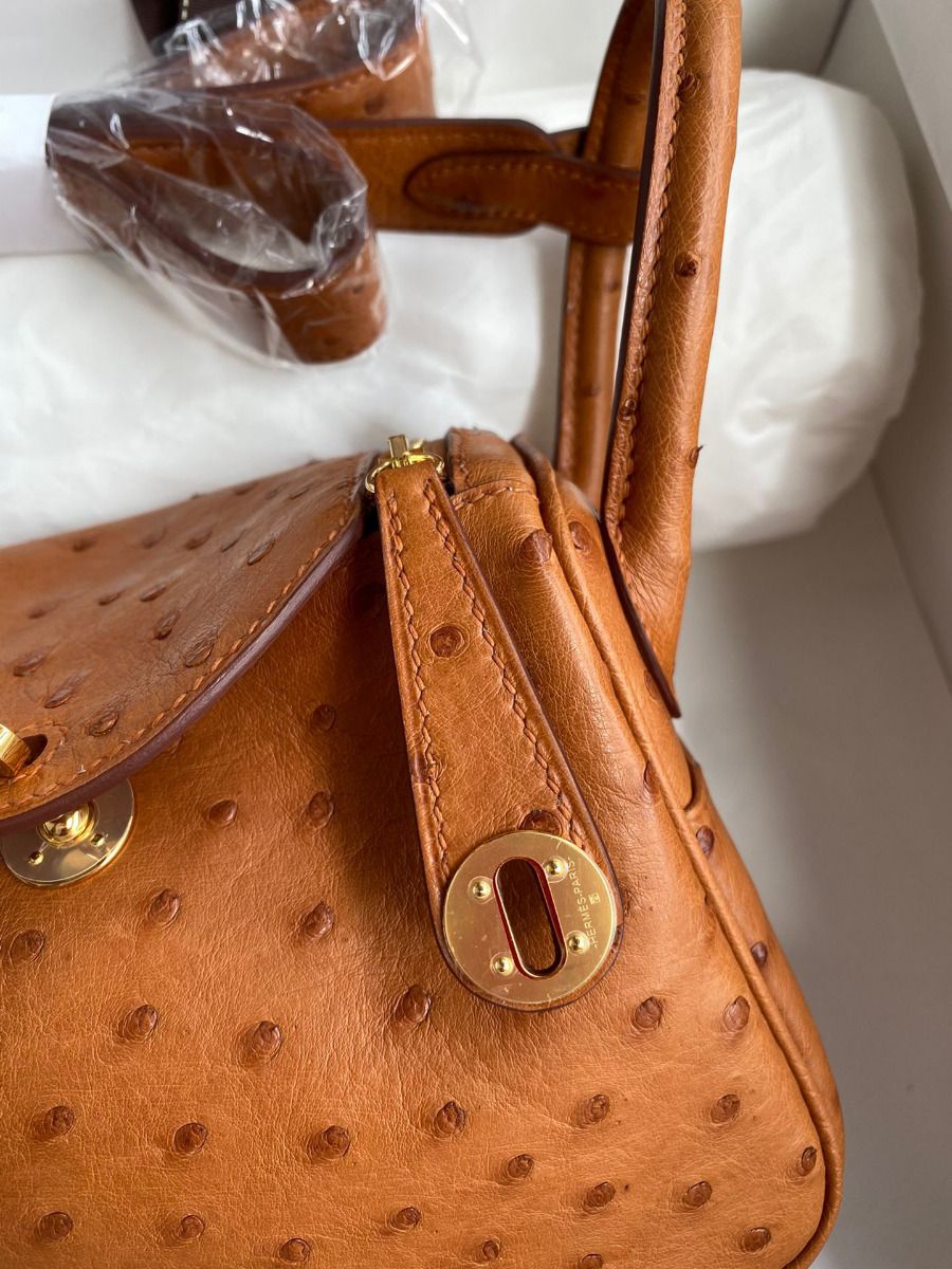 Hermes Mini Lindy Handmade Bag In Gold Ostrich Leather - Image 5