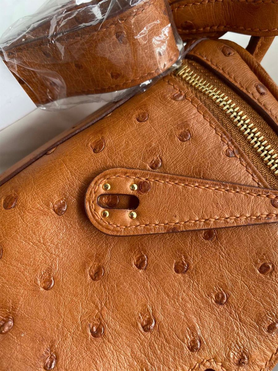 Hermes Mini Lindy Handmade Bag In Gold Ostrich Leather - Image 6