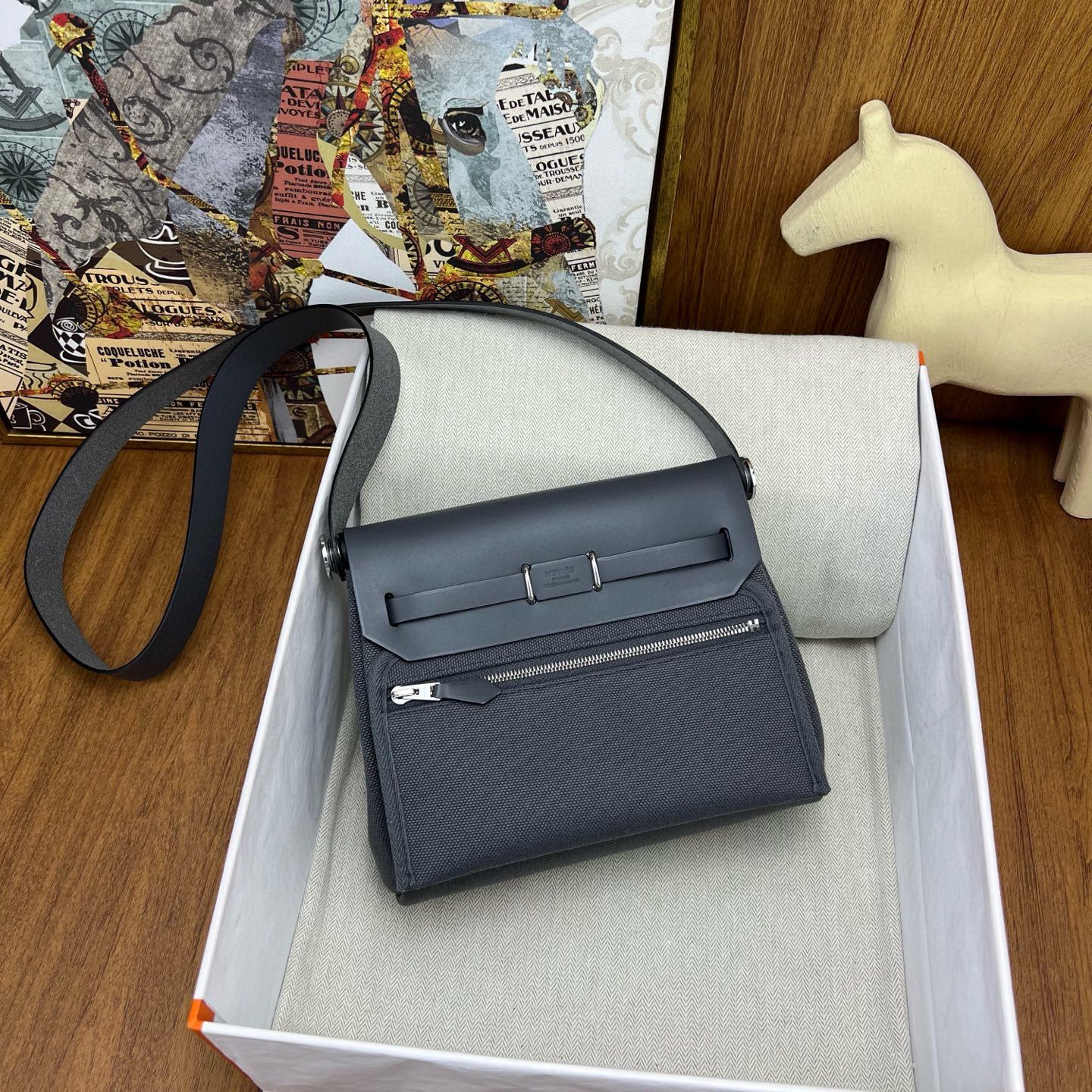 Hermes Herbag Zip 20 Bag in Canvas and Ardoise Hunter Calfskin - Image 5