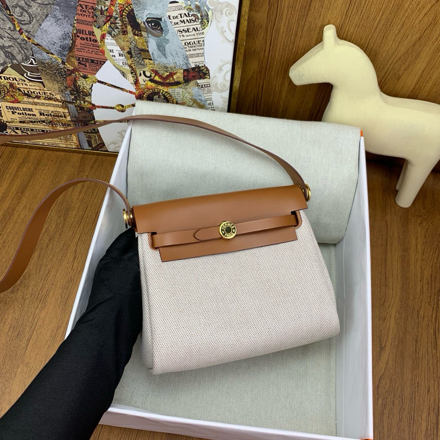 Hermes Herbag Zip 20 Bag in Canvas and Gold Hunter Calfskin - Image 6