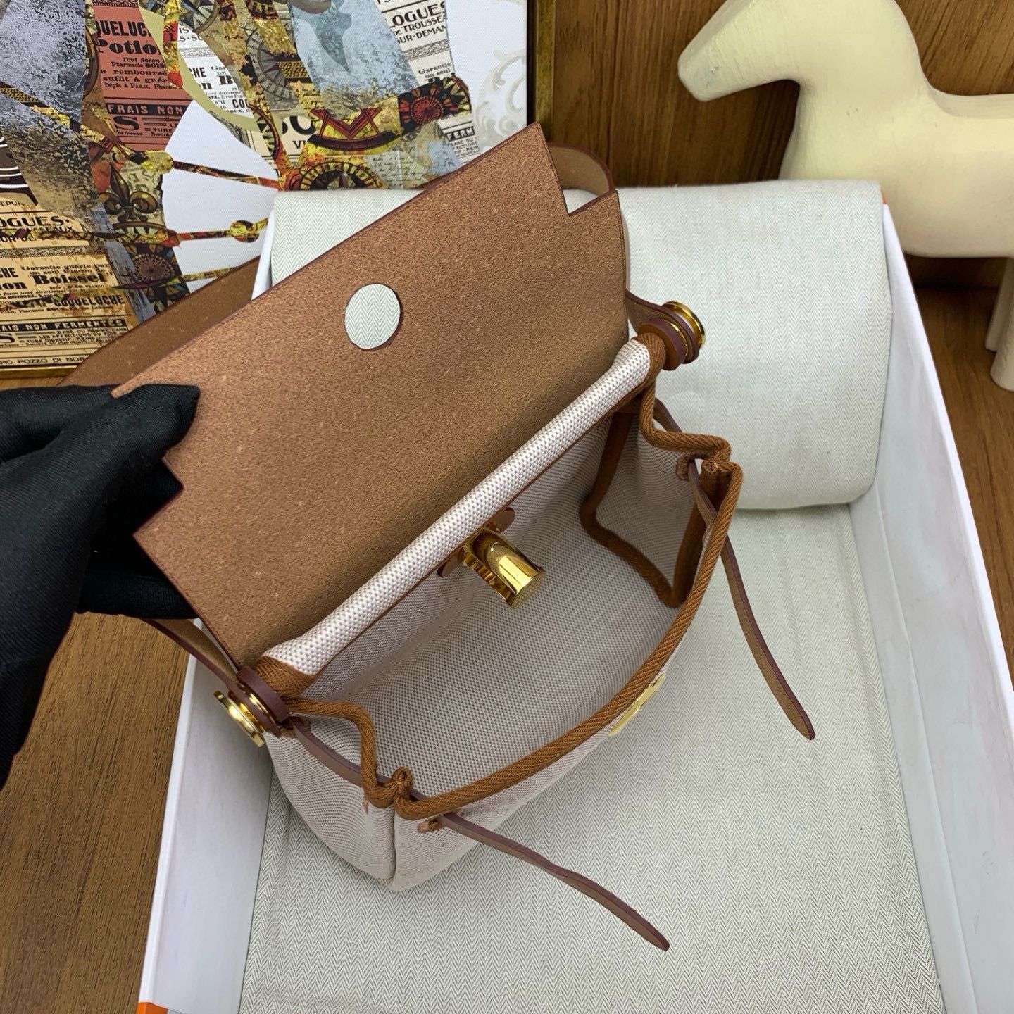 Hermes Herbag Zip 20 Bag in Canvas and Gold Hunter Calfskin - Image 7