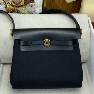 Hermes Herbag Zip 20 Bag in Black Canvas and Black Hunter Calfskin