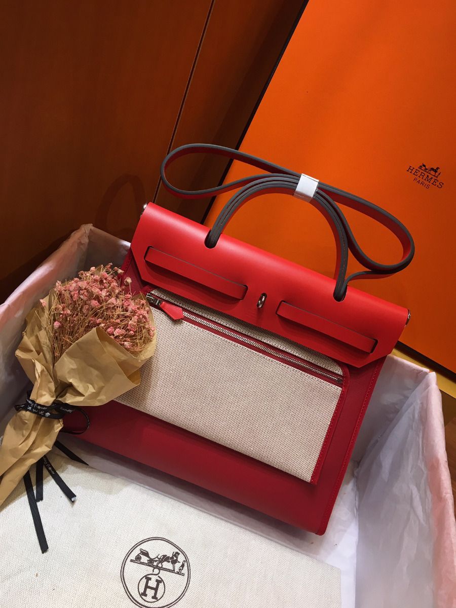 Hermes Herbag Zip 31cm Bag In Red Toile And Leather - Image 3
