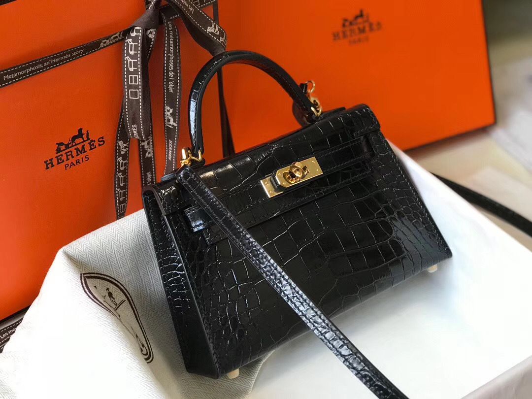 Hermes Kelly Mini II Handmade Bag In Black Crocodile Embossed Leather - Image 7