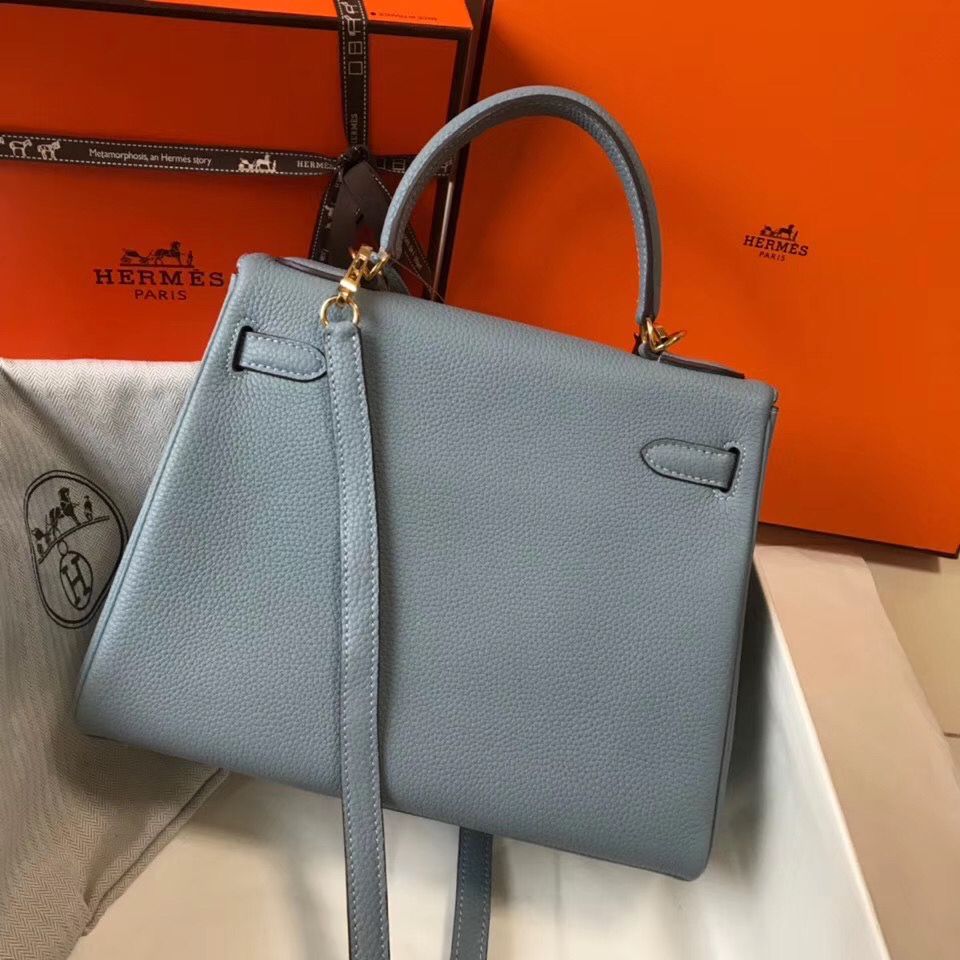 Hermes Kelly 25cm Retourne Bag In Blue Lin Clemence Leather - Image 3
