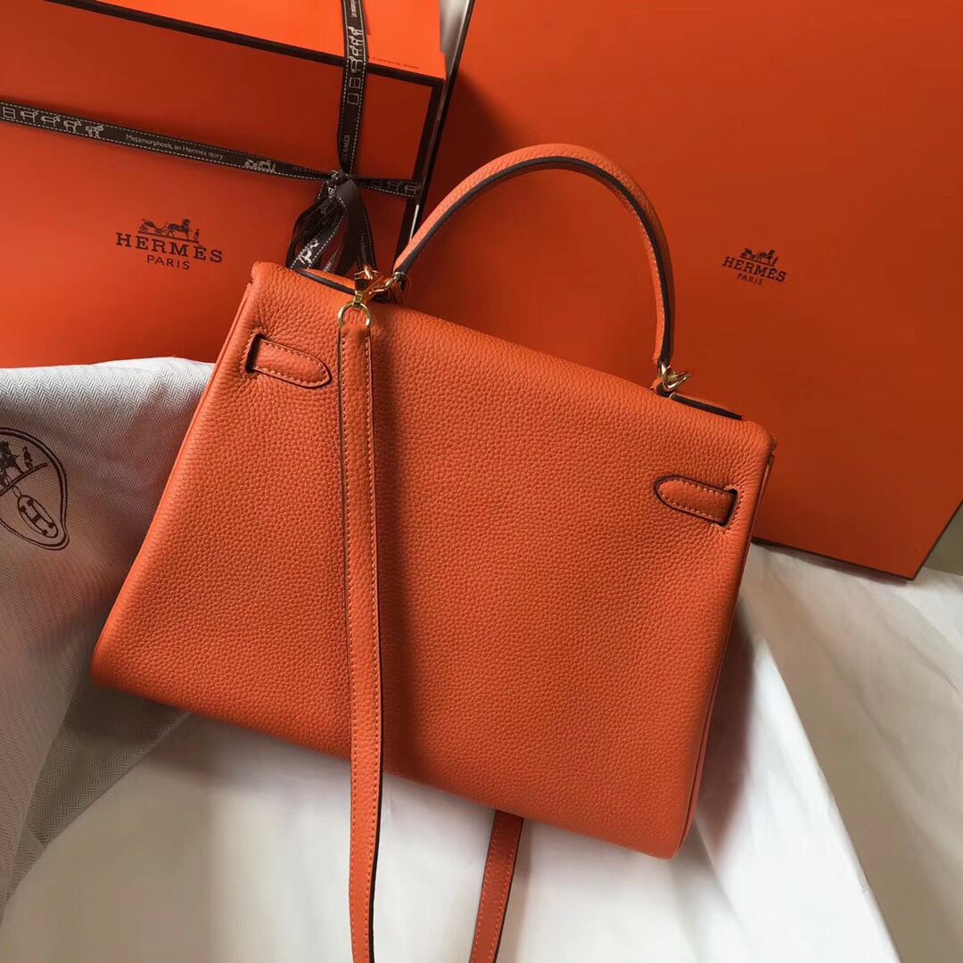 Hermes Kelly 32cm Bag In Orange Clemence Leather GHW - Image 3