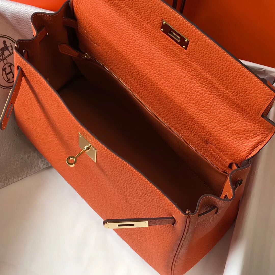 Hermes Kelly 32cm Bag In Orange Clemence Leather GHW - Image 9