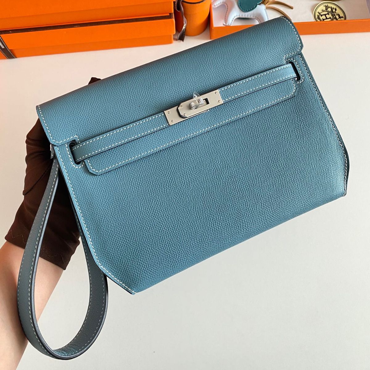 Hermes Kelly Depeches 25 Pouch in Blue Jean Epsom Calfskin - Image 8