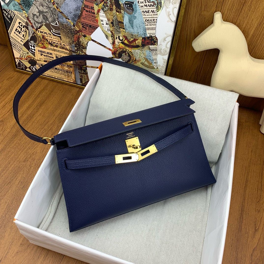 Hermes Kelly Elan Handmade Bag In Blue Saphir Chevre Mysore Leather - Image 5