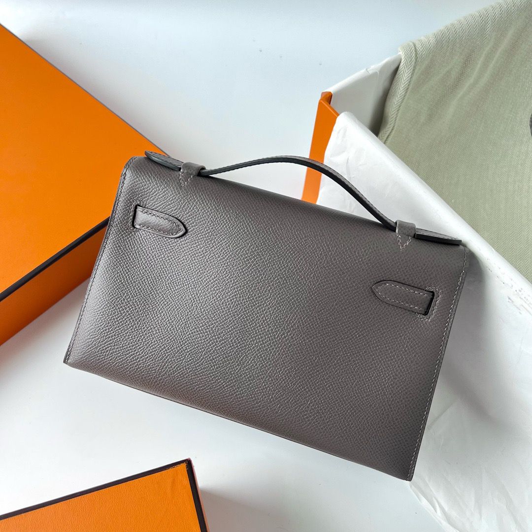 Hermes Kelly Pochette Handmade Bag In Etain Epsom Calfskin - Image 8