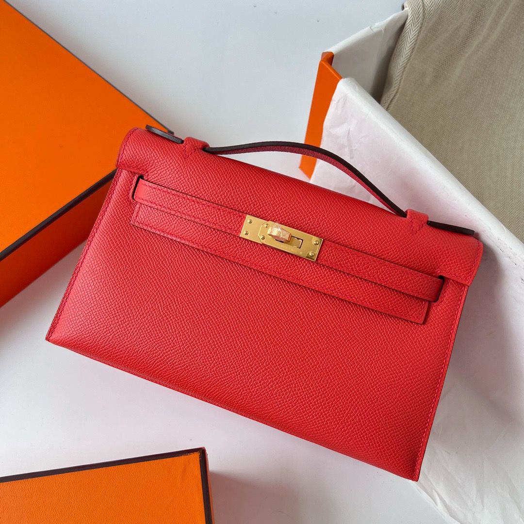 Hermes Kelly Pochette Handmade Bag In Rouge Piment Epsom Calfskin - Image 3