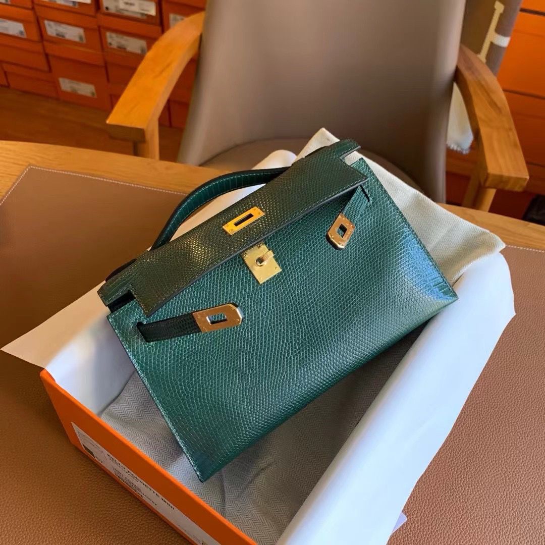 Hermes Kelly Pochette Handmade Bag in Vert Emeraud Lizard Skin - Image 8