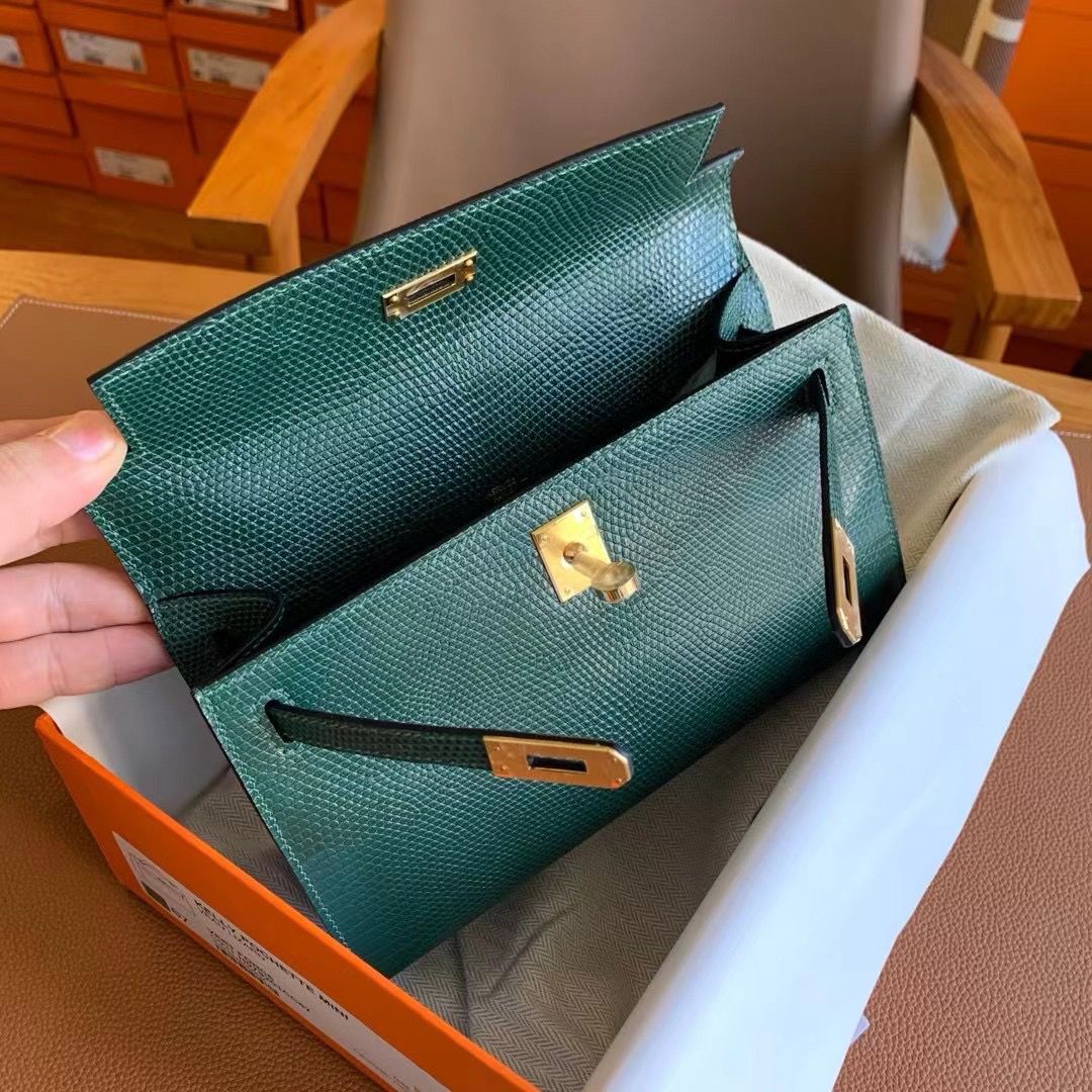 Hermes Kelly Pochette Handmade Bag in Vert Emeraud Lizard Skin - Image 9