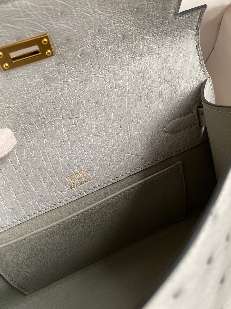 Hermes Kelly Pochette Handmade Bag In Blue Glacier Ostrich Leather - Image 10