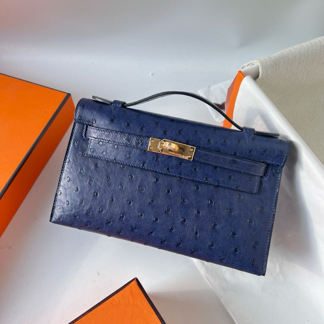Hermes Kelly Pochette Handmade Bag in Blue de Malte Ostrich Leather - Image 3