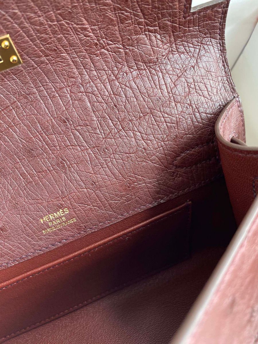 Hermes Kelly Pochette Handmade Bag In Bordeaux Ostrich Leather - Image 10