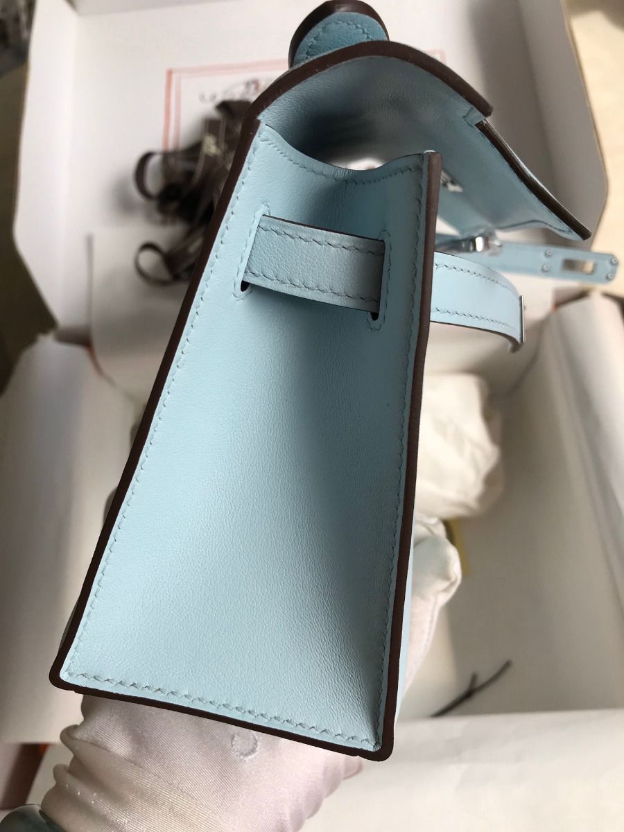 Hermes Kelly Pochette Handmade Bag In Blue Brume Swift Calfskin - Image 7