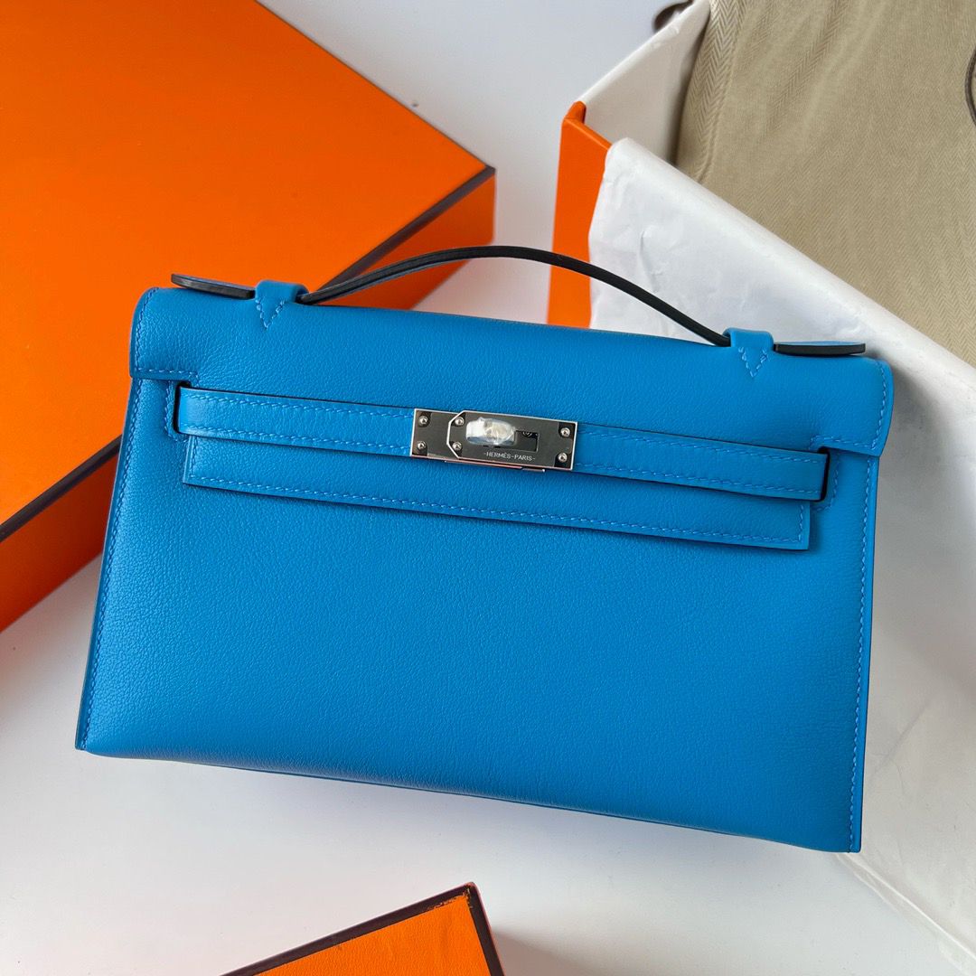Hermes Kelly Pochette Handmade Bag In Blue Frida Swift Calfskin - Image 3