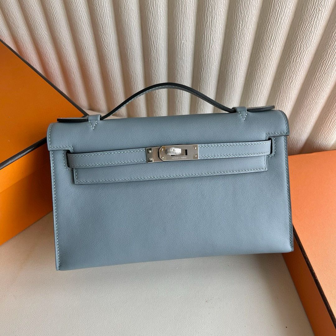 Hermes Kelly Pochette Handmade Bag in Blue Lin Swift Calfskin - Image 3