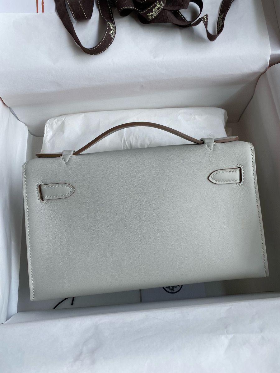 Hermes Kelly Pochette Handmade Bag In Pearl Grey Swift Calfskin - Image 3