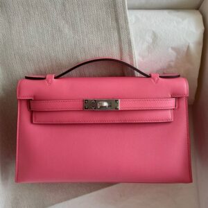 Hermes Kelly Pochette Handmade Bag in Rose Azalee Swift Calfskin