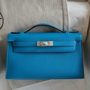 Hermes Kelly Pochette Verso Handmade Bag in Blue Frida Swift Calfskin